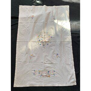Vintage Embroidered Bunny Tablecloth With Floral Motif 57x38 Inches Soft Cotton